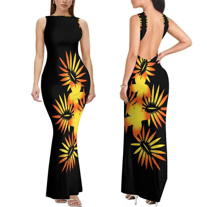 Dropshipping Custom Retro Style Design Elegant Ladies Club Dress Hawaiian Print Sleeveless Backless Dress New Zealand Prom Dress
