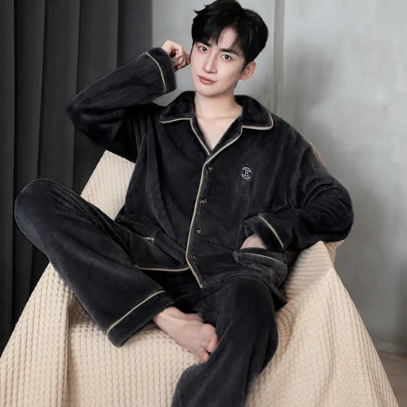 Men's Sleepwear Coral Fleece Flannel Thick Warm Cardigan Home Clothes Autumn Winter Long Sleeve Button up Comfortable Pajamas