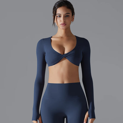 Sexy Cross Long Sleeve Sports Bra Push Up Yoga Crop Top Women Fitness Gym Workout Tops Women Brassiere Sport Female Clothing