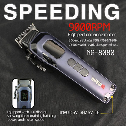 9000RPM WMARK NG-8080 Professional Hair Clipper 5 Speed Adjustment DLC FADE Blade Hair Trimmer Cutting Machine with Gift Blade