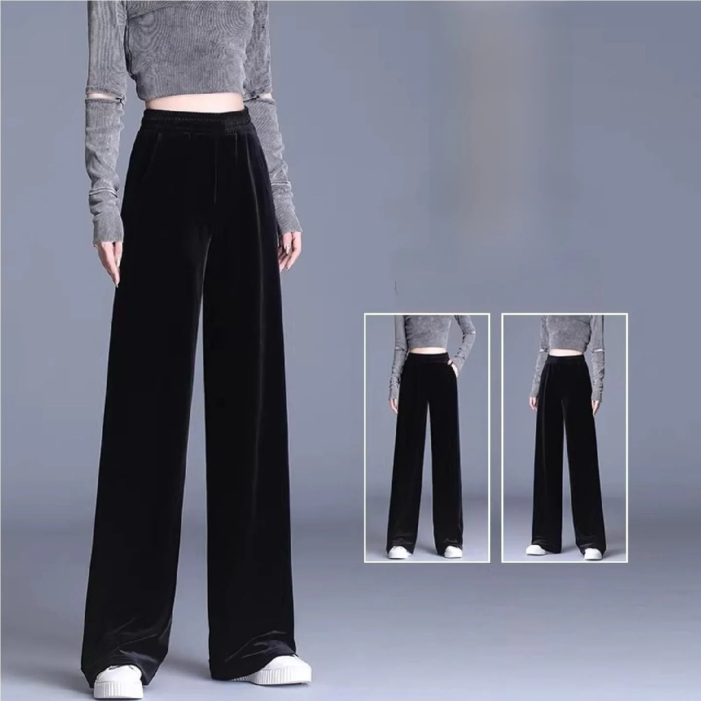 Slim Fit Velvet Wide Leg Pants Winter New Style plus Size Warm Fleece High Waist Elastic Korean Velvet Pants for Women