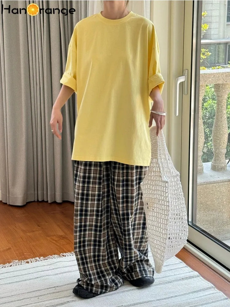 HanOrange 2026 Summer Minimalist Silhouette Short Sleeve Cotton T-shirt Women Loose Relaxed Casual Top Tees White/Yellow/Blue