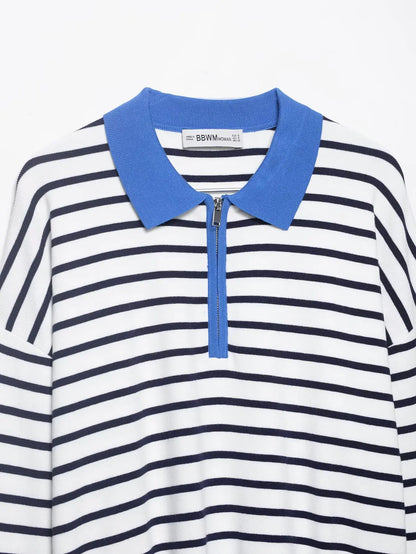 Spring Summer New Women's Knitted Stripe  Shirt Versatile ZR Style Fashion Classic Business Casual Long Sleeve Polyester