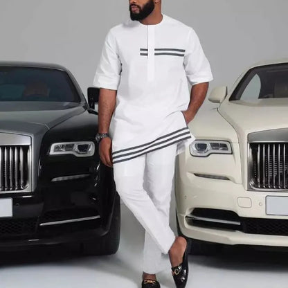 Kaftan Men's Suit Ethnic Style Suit Men's White Patchwork Shirt And Casual Pants 2-piece Set Ramadan Dubai Luxury Islam Elegant