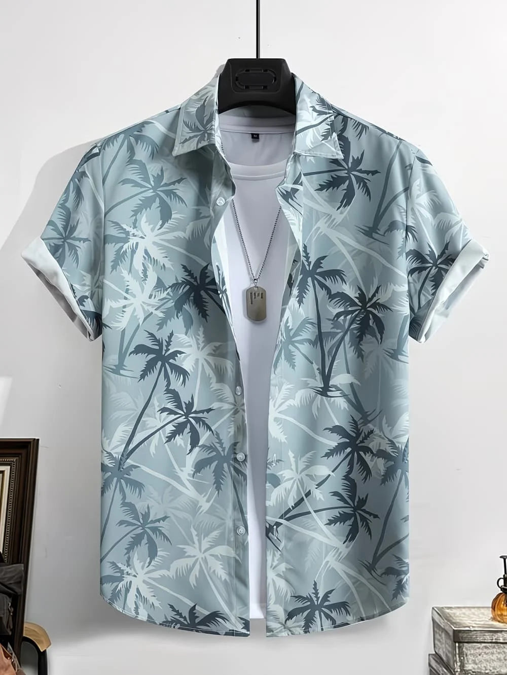 Men's Coconut Tree Graphic Print Short Sleeve Lapel Shirt Tops Men's Casual Button-Down Shirts for Summer Daily Wear Men Clothes