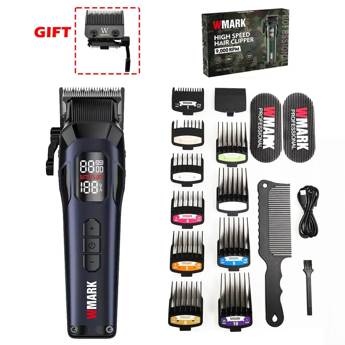 9000RPM WMARK NG-8080 Professional Hair Clipper 5 Speed Adjustment DLC FADE Blade Hair Trimmer Cutting Machine with Gift Blade