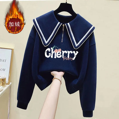 Teenage Girl's Fleece Lined Thickened Navy Collar Sweatshirt Small Size Winter Fashionable Clothing School Sweet Style Zipper