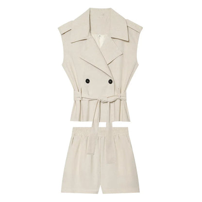 European and American style 2026 summer new style double-breasted vest with belt and elastic waist casual shorts suit