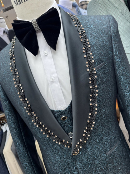 Txjojn New Jacquard Beaded Suit Set 3 Pieces For Men Prom Wear Customized Shawl Lapel Slim Fit Men's Suits Wedding Groom Outfit