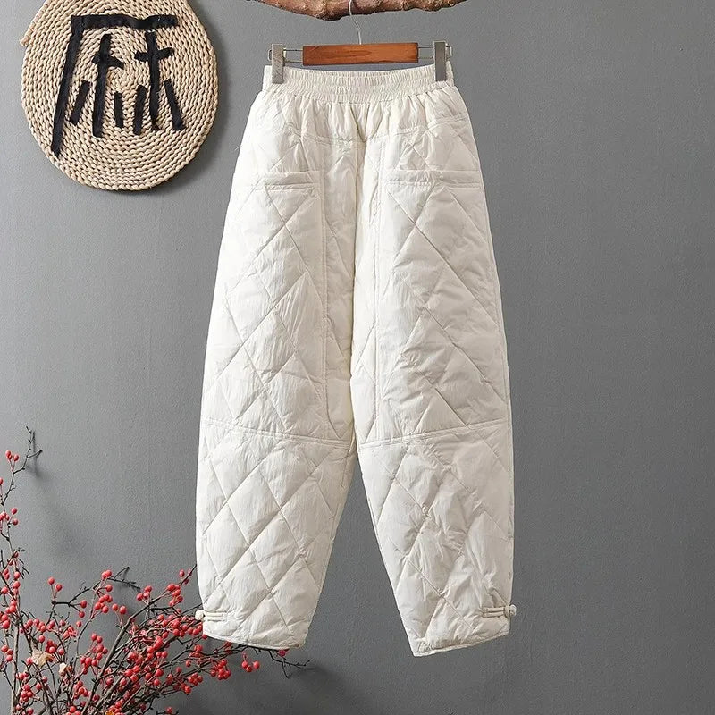 2025 Winter Faion Diamond Pattern Cotton Pants Women Loose Large Size Dad Boot Pants Thi Warm Outerwear Trousers