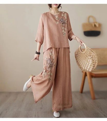 plus Size Women's Retro Cotton Linen Set Wide Leg Pants Slimming Mom Two Piece Suit Spring Fashion Korean Style Commute Wear