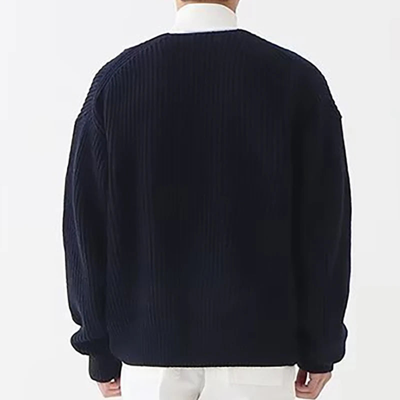 Men's Solid Color Zipper Cardigan Sweater Winter New Multiple Pockets Knit Sweater Coats Casual Stand Collar Cardigan Outerwear