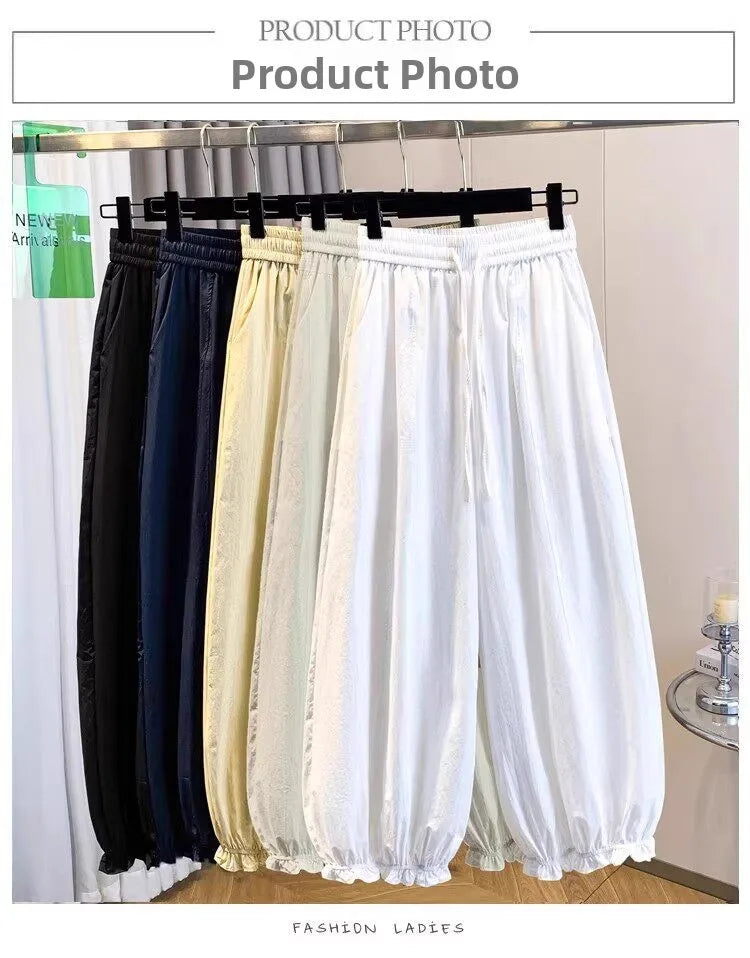 Casual Ice Silk Quick Dry Nine-Piece Flower Bud Pants Women Summer Thin Loose High Waist Draping Lantern Pants