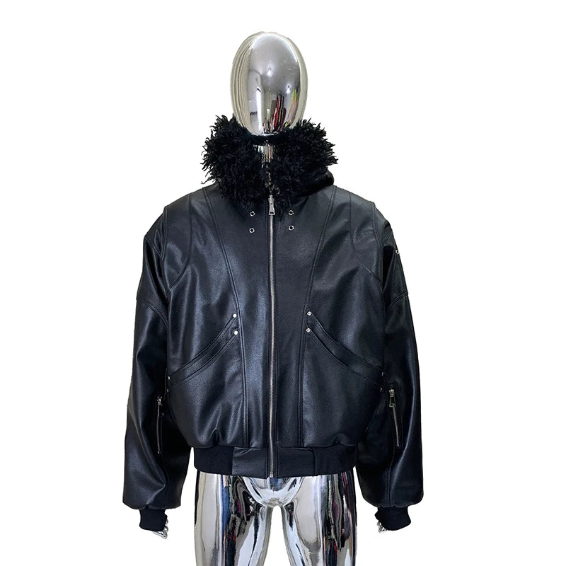 Autumn Winter Cool Short Oversized Thickened Warm Pu Leather Jacket Men with Faux Fur Trim Hood Rivet Luxury Designer Clothes