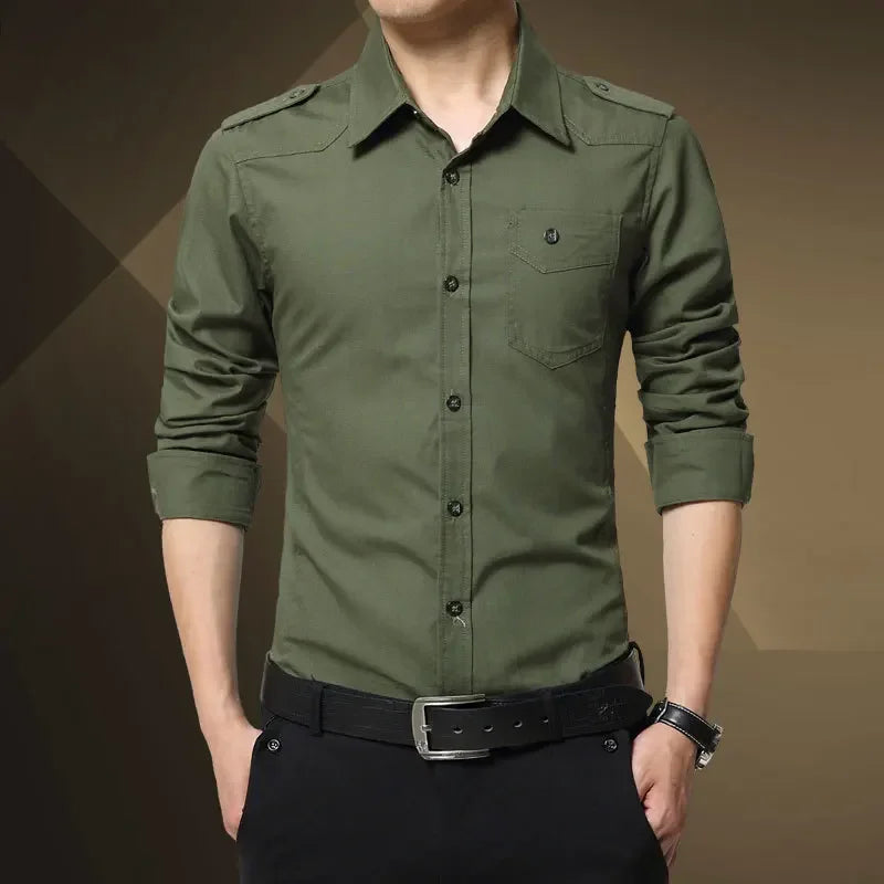 2026 Men's Epaulette Shirt Fashion Full Sleeve Epaulet Shirt Military Style 100% Cotton Army Green Shirts with Epaulets