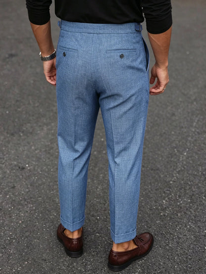 2026 SS Men's Italian Neapolitan Suit Trousers,Woven Double Pleat Pocket Button High Waist Straight Leg Business Casual Pants