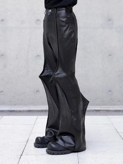 Mauroicardi Autumn Long Black Waterproof Hard Pu Leather Flare Pants Men Cool Luxury Designer Clothes Streetwear Runway Fashion