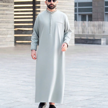 Islamic Muslim Arabic Casual Men's Abaya Long Sleeve Embroidered Stand Collar Arabic Abaya Men's Traditional Clothing