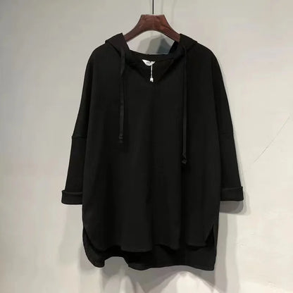plus Size Women's Long Sleeve T-Shirt Loose Fit Belly Covering Spring Autumn Korean Style Hooded Asymmetrical Hemline Slimmin...