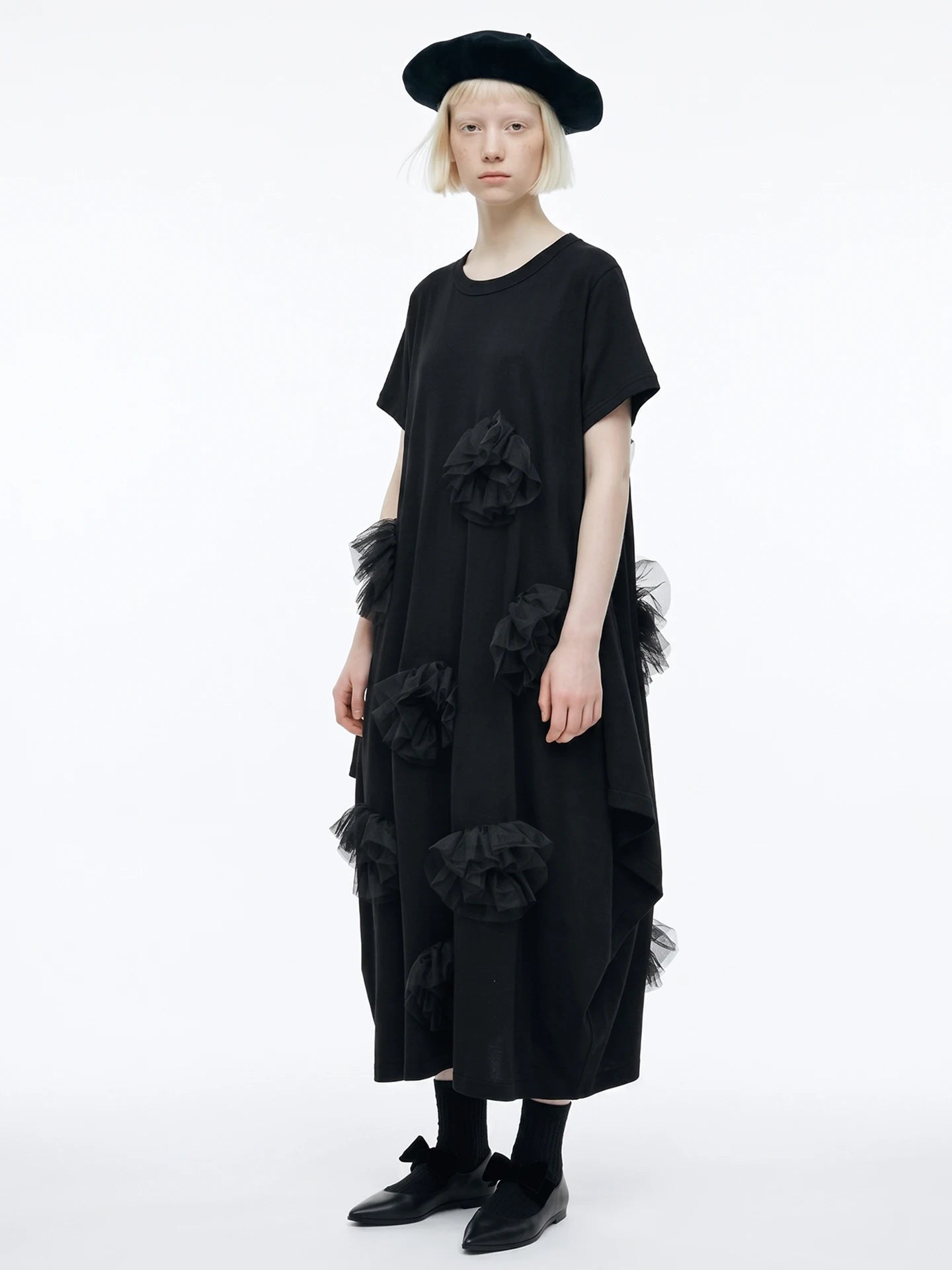 Black dress imakokoni spring loose irregular pure cotton flower design medium long short sleeved skirt for women 265432