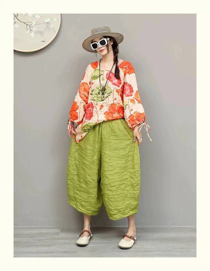 Artistic Ramie Suit Women Summer Floral Tie-up Top + Loose Wide-leg Cropped Pants Two-piece Set XY336