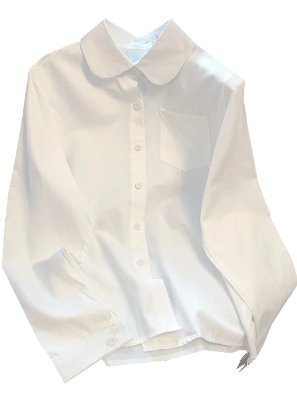 White round Neck Long Sleeve Basic Style Women's Shirt Jk Uniform Loose Fit Inner Wear Base Layer Sweet College Style Polyester