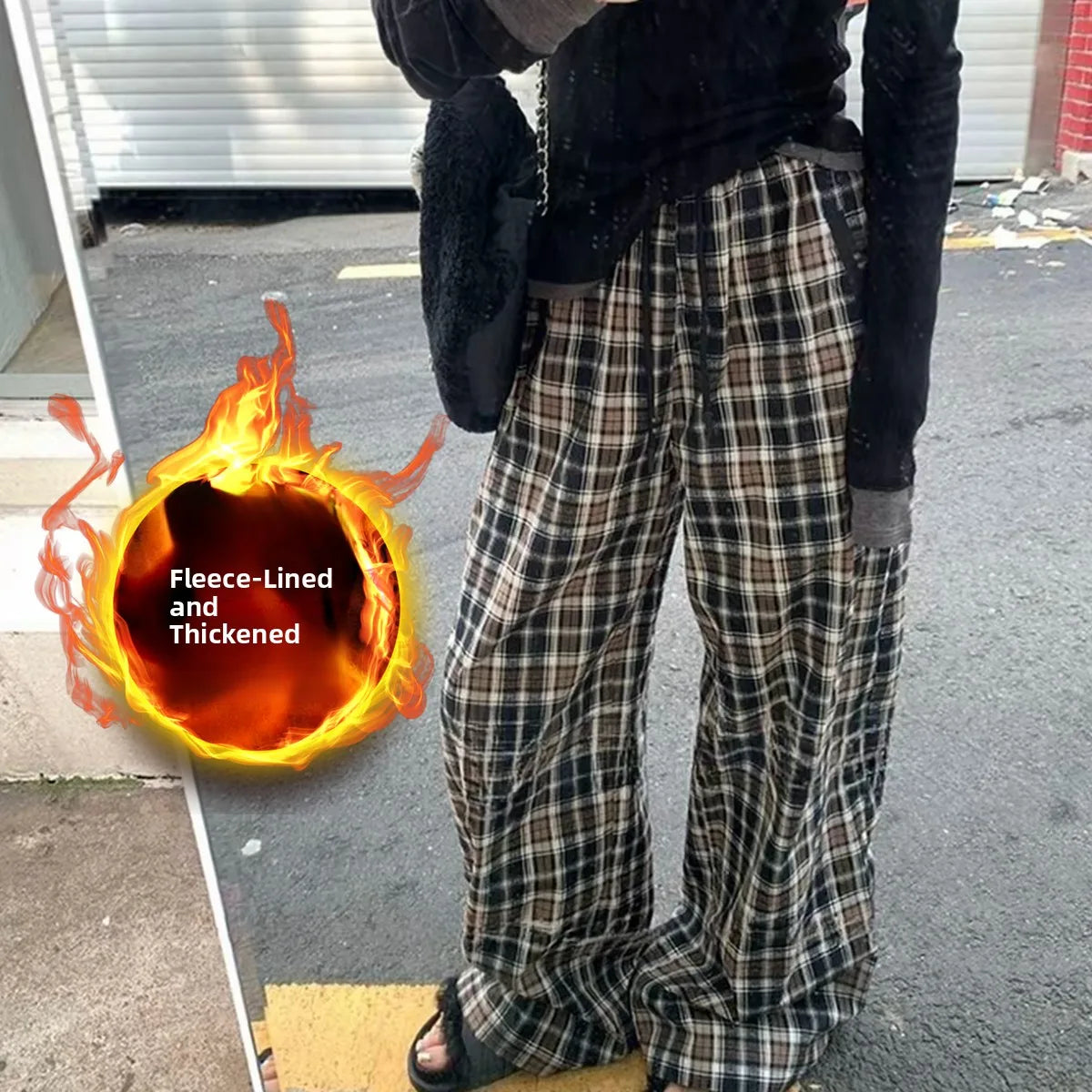 Lamb Velvet Fleece Lined Thick Plaid Casual Pants Women's Autumn Winter Loose Straight Leg Wide Leg Cotton Sleepwear Trousers
