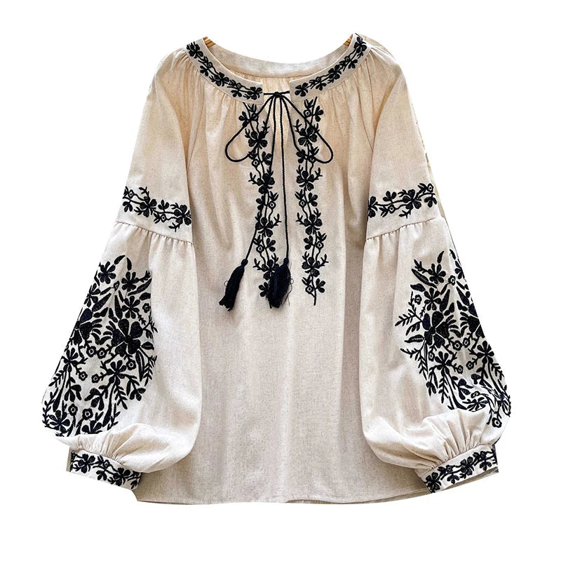 Women Bohemian Blouse Embroidered Lace Up V- Neck Lantern Sleeve Blouse Autumn Embroidery Linen-cotton Blend Female Top D78