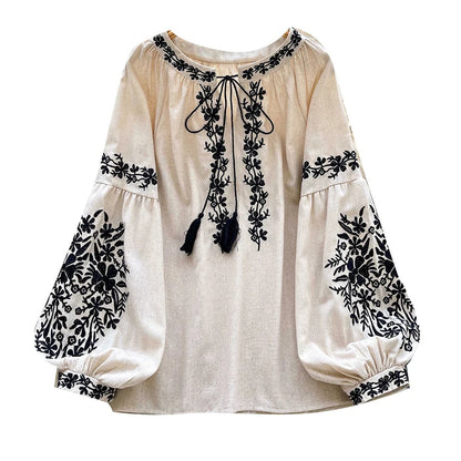 Women Bohemian Blouse Embroidered Lace Up V- Neck Lantern Sleeve Blouse Autumn Embroidery Linen-cotton Blend Female Top D78