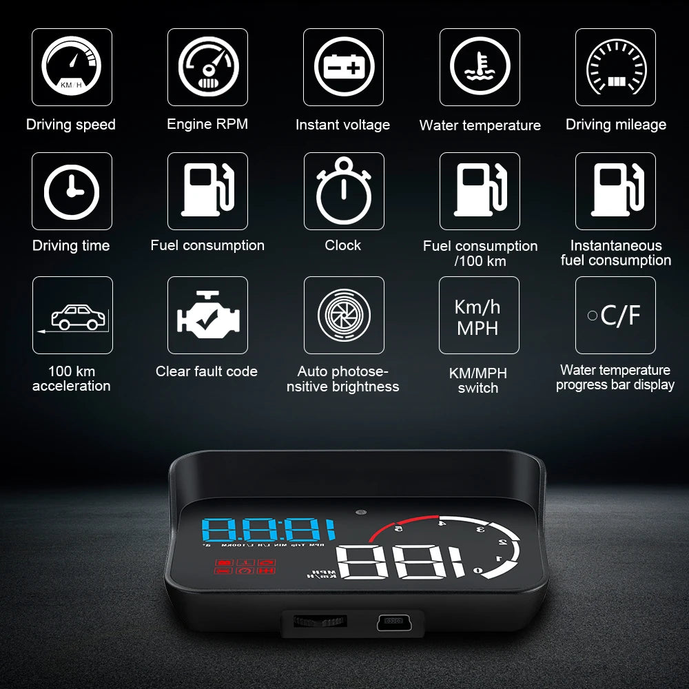 Car M10 Hud Display OBD2 HUD Head Up Display Km/H Speedometer Windshield Projection Overspeed Warning Digital On Board Computer