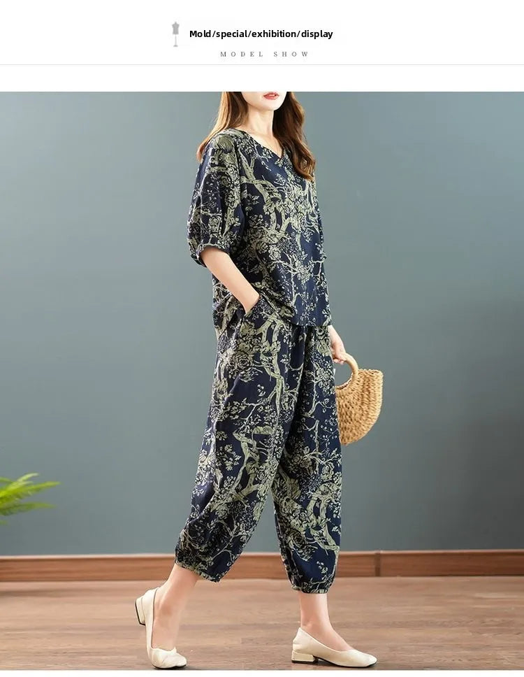 New Summer Floral Print Midi Sleeve Cotton Linen Loose Women's Two-Piece Set Ethnic Style Mom Clothes Comfortable Breathable