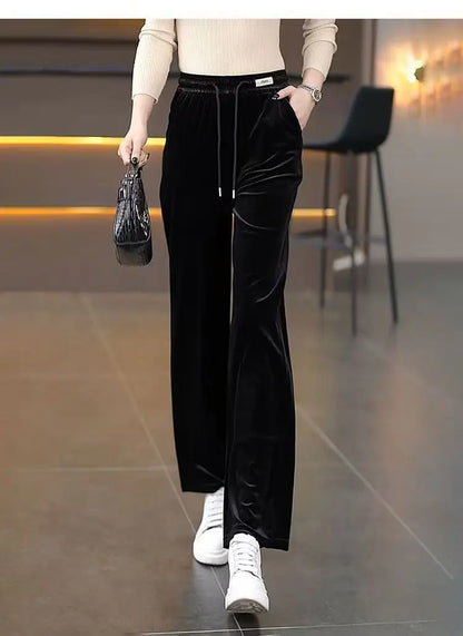 Fashionable Gold Velvet Wide Leg Pants Women's Winter Loose Slimming High Waist Fleece Casual Straight Long Trousers