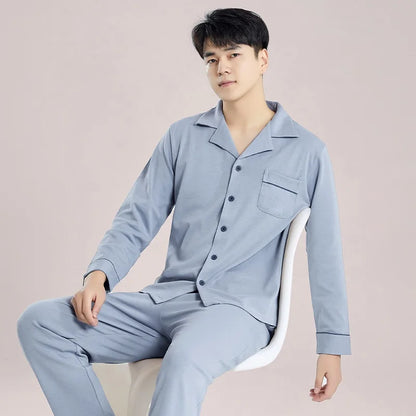 Blue Cotton Pajamas Winter Men Sleepwear Nightwear Full Sleeves PJ Pijama Hombre Home Clothes 2 Pieces Set Cotton Pyjama Homme