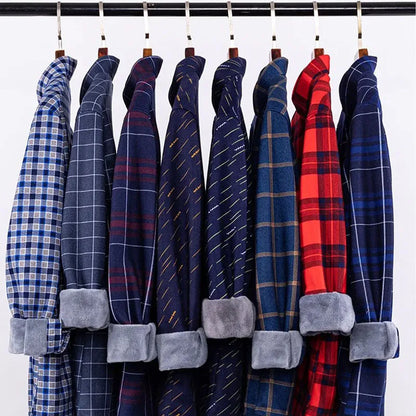 Thickened Flannel Men's Shirt Fashion Warm Plaid Winter Casual Square Collar plus Size Clothing Fleece Lined Double Sided Velvet