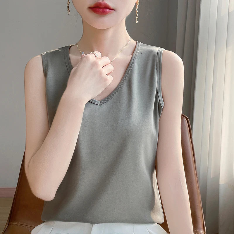 Summer New Cotton V-neck Camisole Women's Wide Shoulder Strap Bottoming Shirt Sleeveless Mercerized Cotton T-shirt