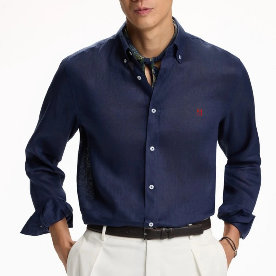 RHCH Men Pure  Shirt Luxury Embroidery Logo Button Down Collar Casual Breathable Solid Color Formal Business Shirts For Men