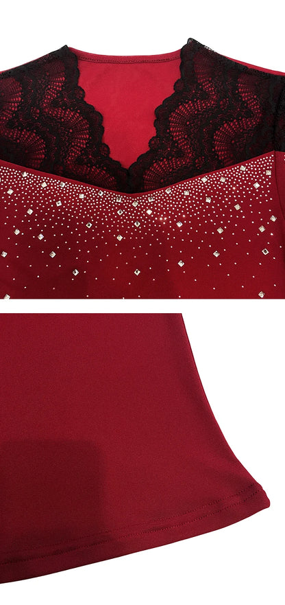 2026 Summer Women Tops New Korean Fashion Diamond Mesh T Shirt V-neck Short Sleeved Patchwork Lace Shirt