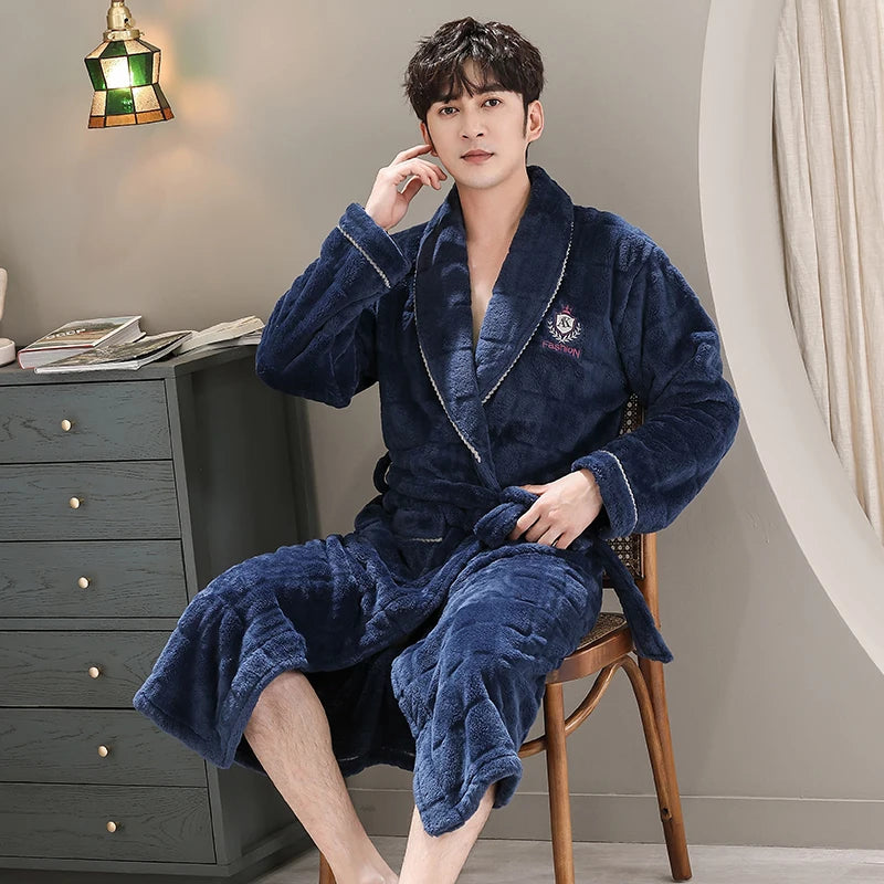 Men Sleepwear Robe Winter Flannel Thicken Terry Robe Male Long Sleeve Kimono Warm Bathrobe Home Wear Peignoir Men Robe