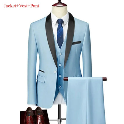 Men's Lapel Black Suit Set Coat Vest Trousers / Business Groomsmen Groom Wedding Dress Fprmal Blazer Pants