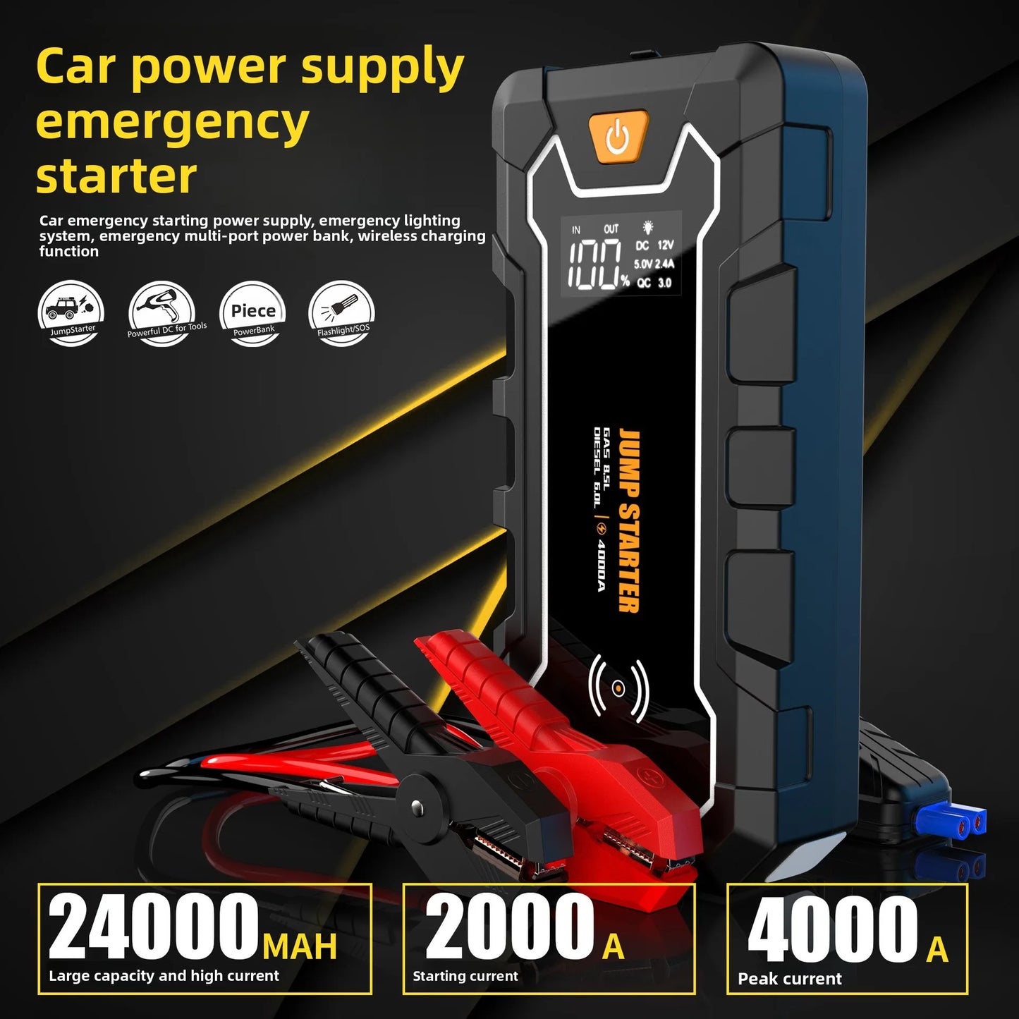 SUKIN 12V 4000A Large Capacity Car Jump Starter Power Bank Equipped With LED Light And USB Port for Phone Wireless Charging