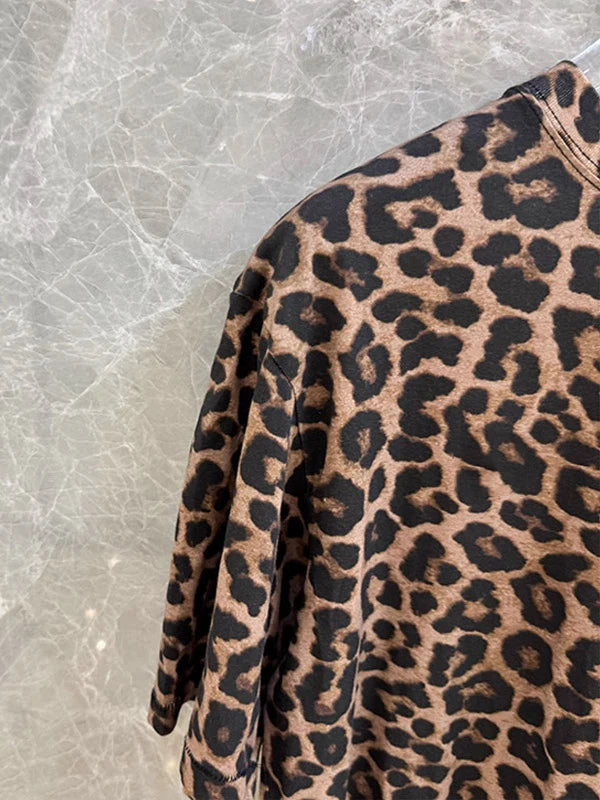High-End Women's Retro Leopard Print round Neck Loose Short Sleeve T-Shirt 2025 New Style Commute Style Casual Inner Wear