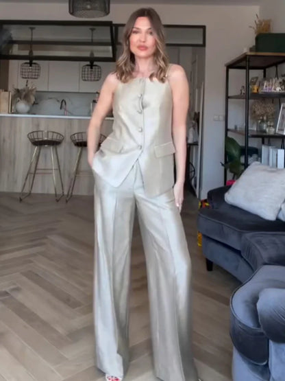 HH Woman Slim Single-breasted Sleeveless Tube Top Vest+Spring Elegant Pockets High Waist Straight Leg Pants Solid 2 Piece Set