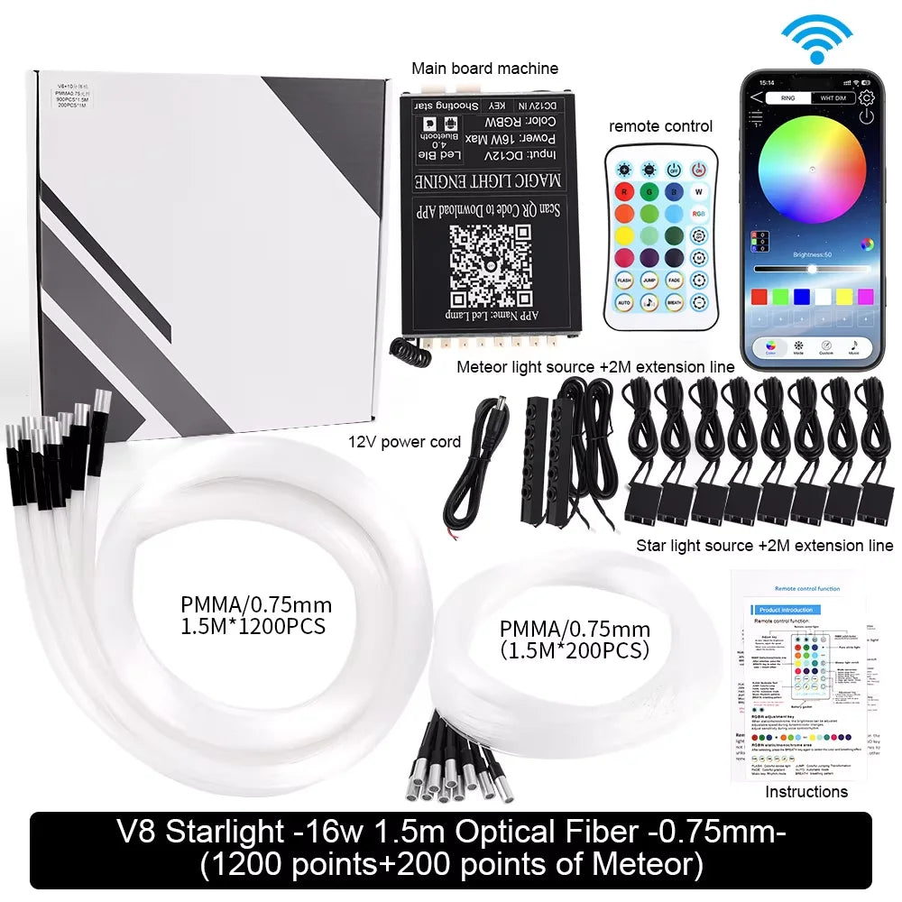 16W Car Starry Sky Ceiling Fiber Optic Lamp RGB with APP Voice Remote Control Panoramic source Car Roof Starlight Headliner