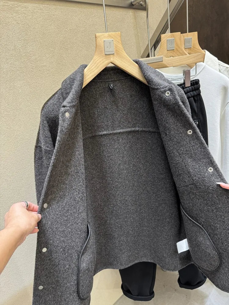 Male Fashion Winter Warm Turn Down Collar Double Sided Jacket Single Breasted Trench Coat Long Sleeves Pocket Loose Fit Overcoat