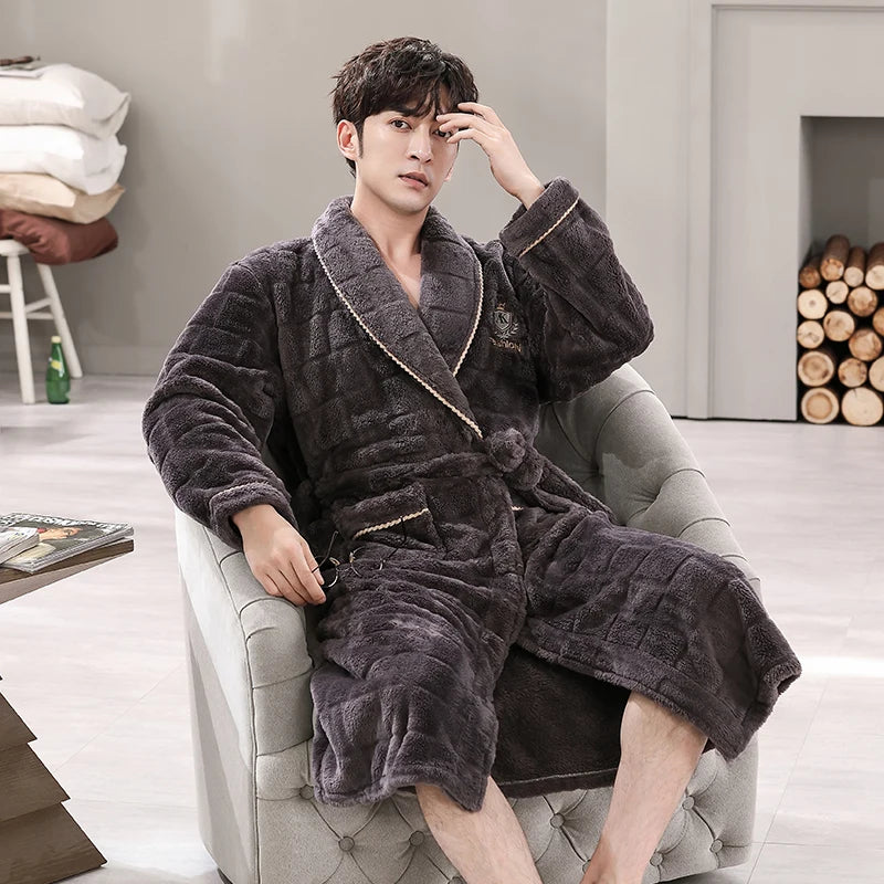 Men Sleepwear Robe Winter Flannel Thicken Terry Robe Male Long Sleeve Kimono Warm Bathrobe Home Wear Peignoir Men Robe