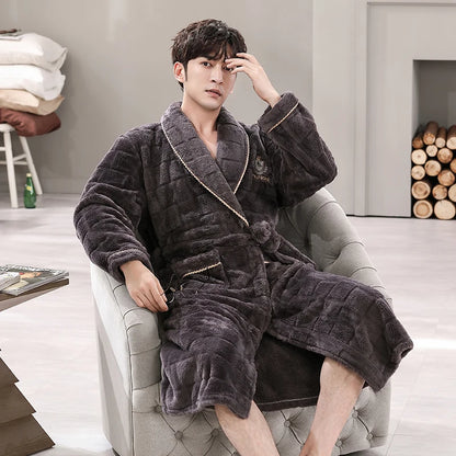 Men Sleepwear Robe Winter Flannel Thicken Terry Robe Male Long Sleeve Kimono Warm Bathrobe Home Wear Peignoir Men Robe