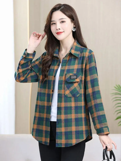 Loose Long Sleeve Mom Shirt Women's New Style Slimming Age-Defying Outerwear Versatile Early Autumn Plaid Outfit  Collar