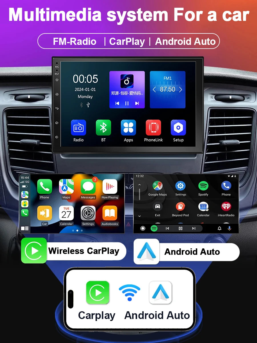 XIMA 7 Inch 2 Din Wireless Carplay Android Auto Car Radio Multimedia Video MP5 Player With BT FM Stereo Autoradio Audio USB TF
