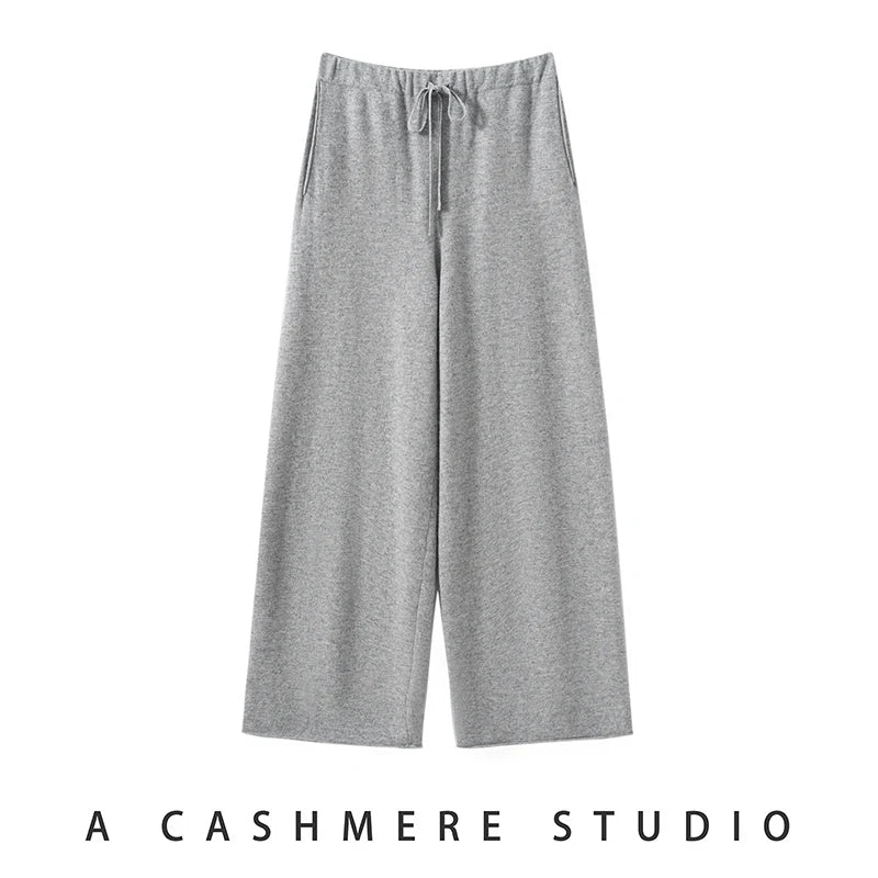 Ladies 100% Cashmere Knitted Wide Leg Pants Casual Solid Color Loose Fit Elastic Waist Floor-Length Poc Matching Pants