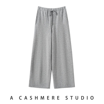 Ladies 100% Cashmere Knitted Wide Leg Pants Casual Solid Color Loose Fit Elastic Waist Floor-Length Poc Matching Pants